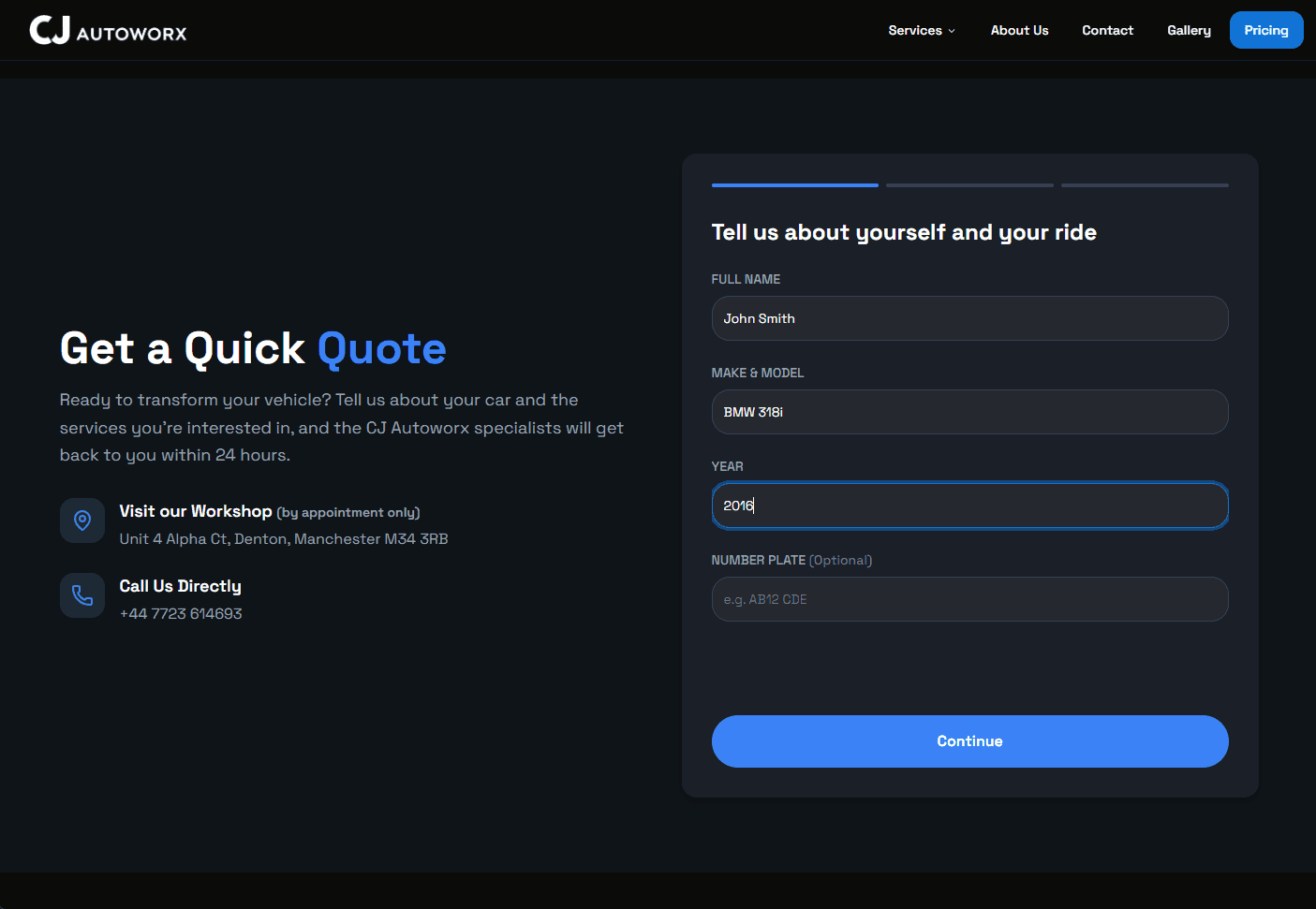 CJ Autoworx — the Get a Quick Quote form