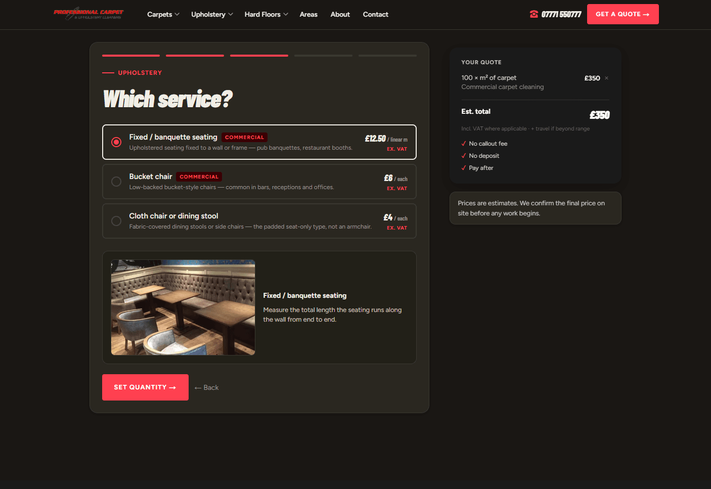 The quote builder — customers compose their own quote online